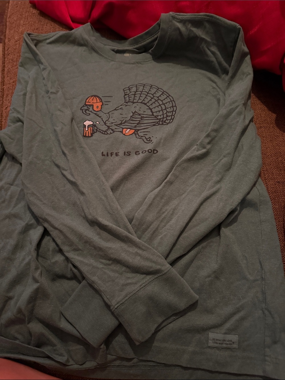 Life Is Good Olive Green Turkey Graphic Long Sleeve Shirt-Large